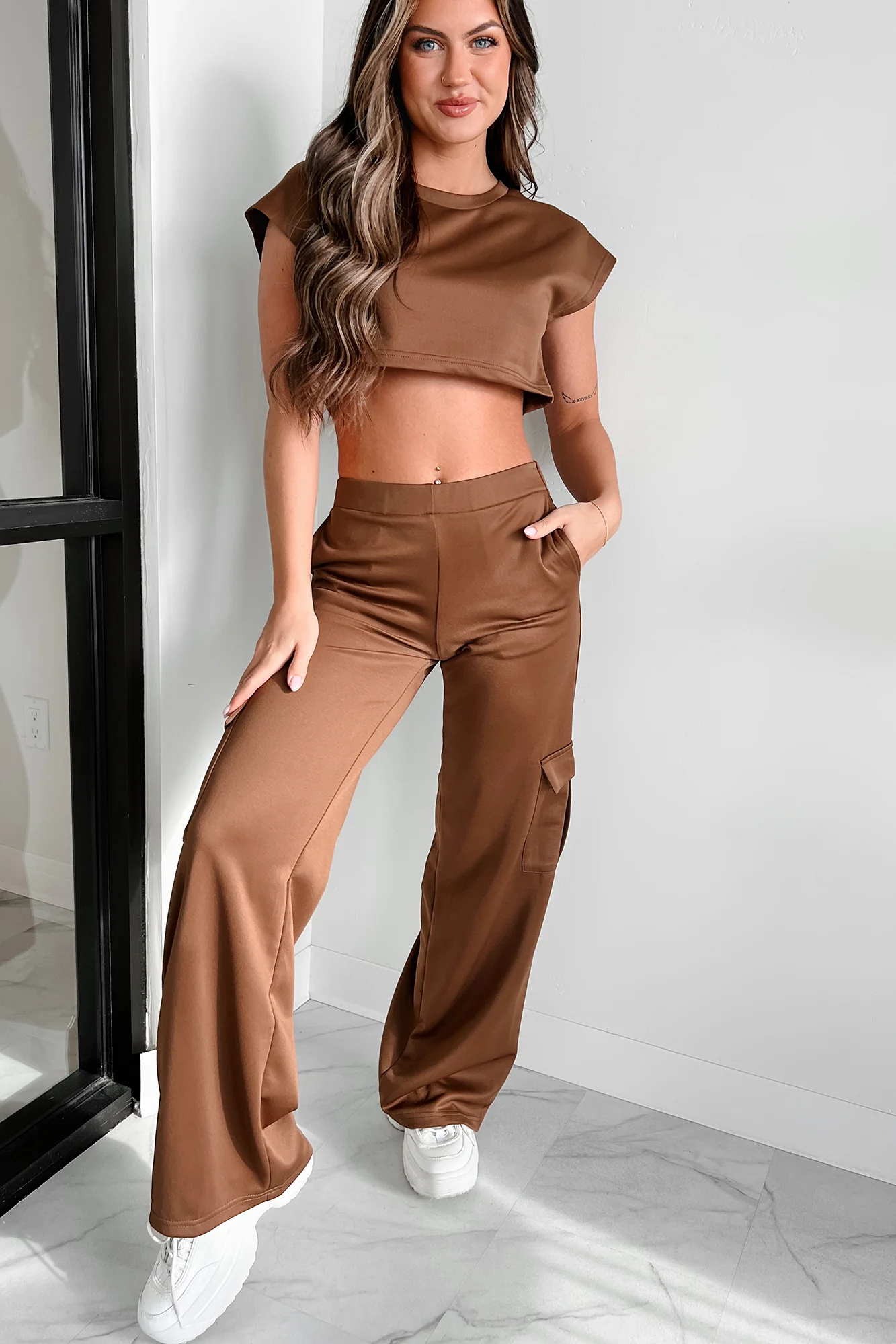 Point Of Interest Crop Top & Cargo Pants Set (Mocha) - Image 4