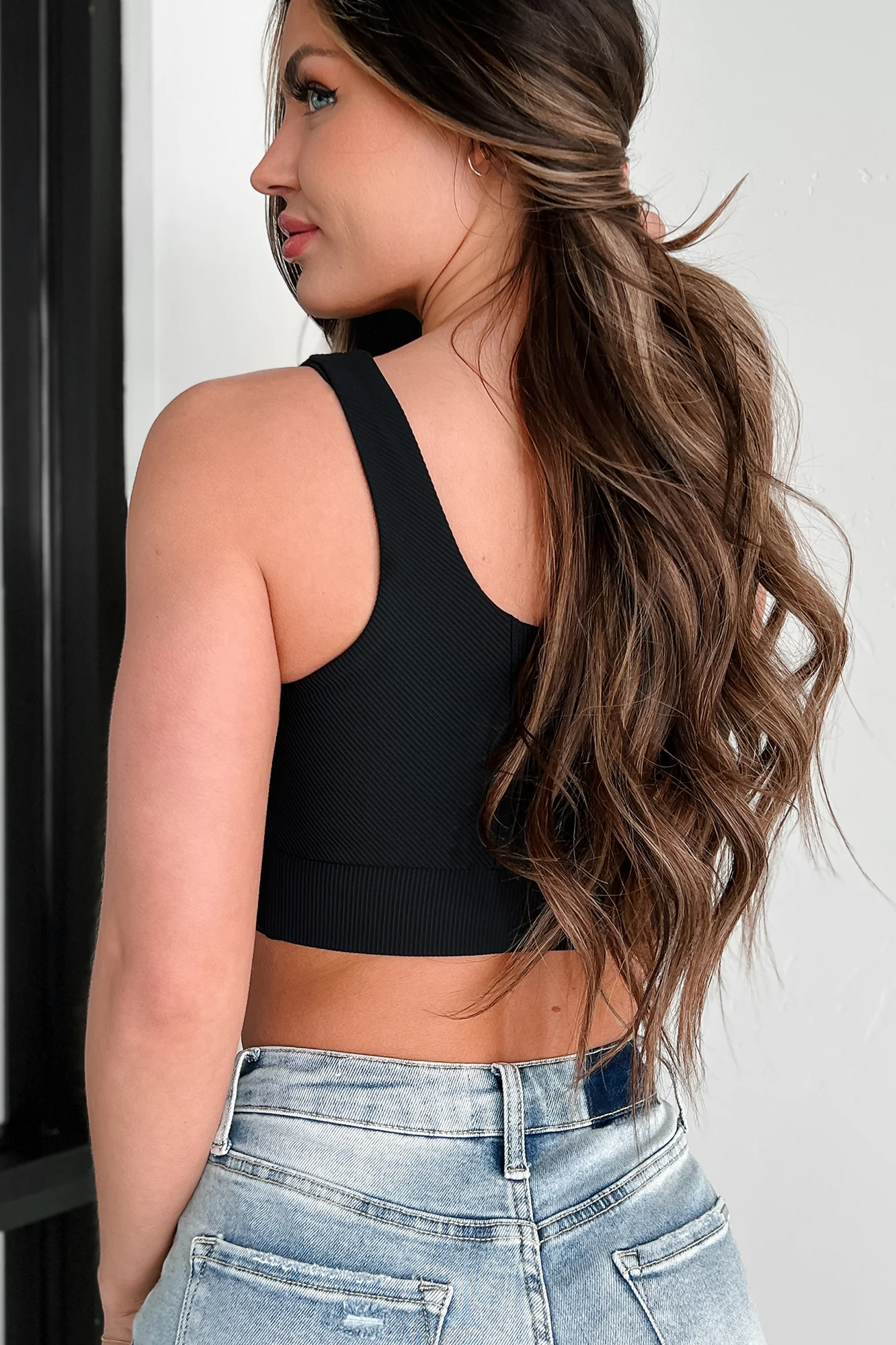 Power Lifting Ribbed Square Neck Sports Bra Top (Black) - Image 3