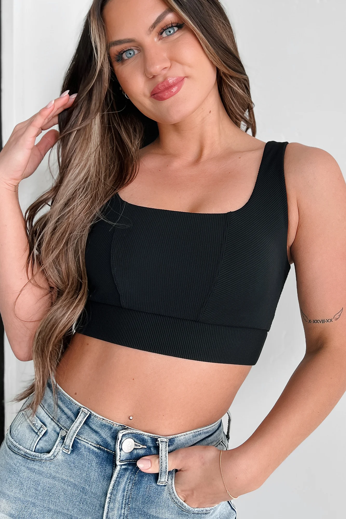 Power Lifting Ribbed Square Neck Sports Bra Top (Black) - Image 6