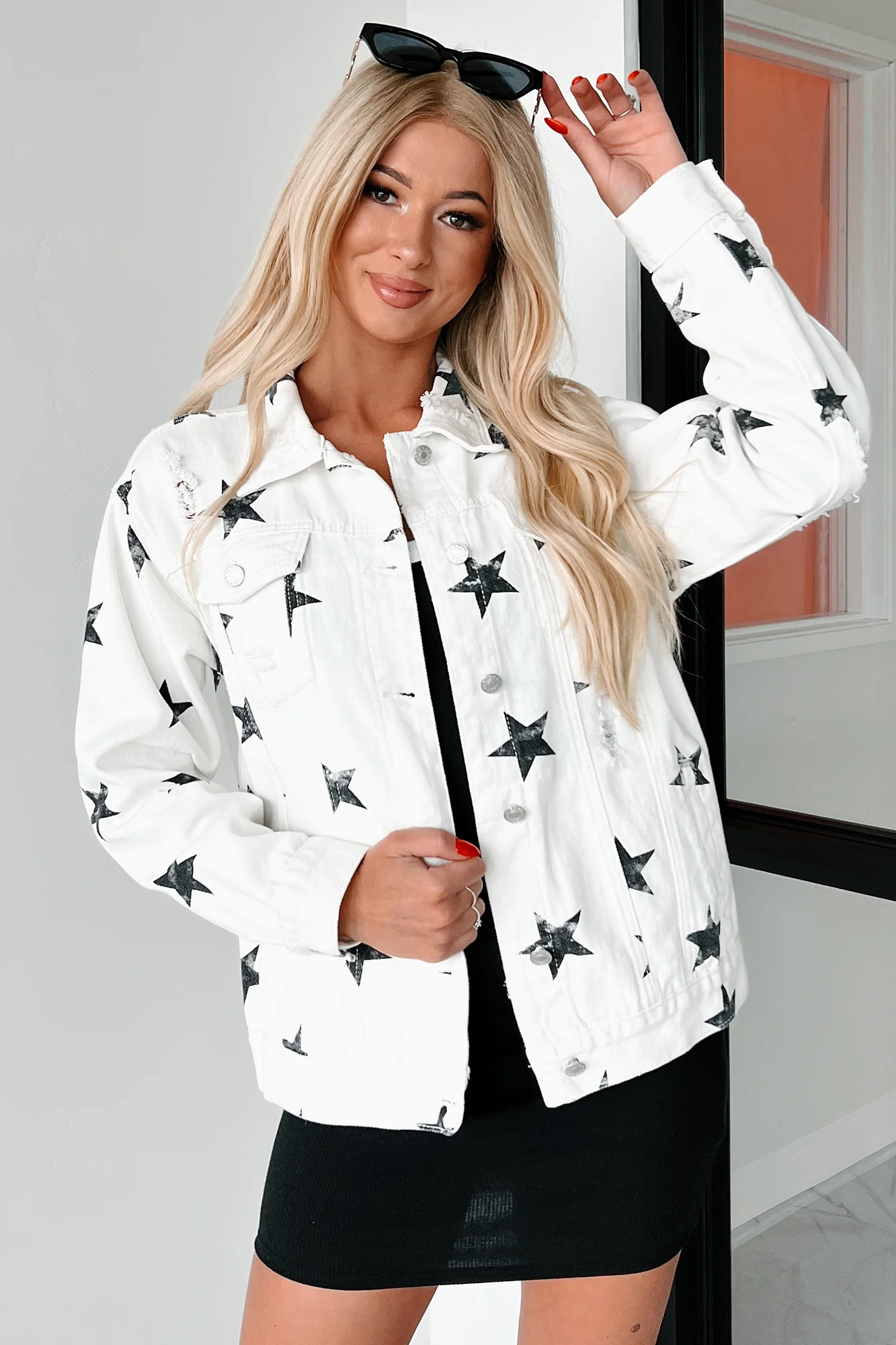 Reach For The Stars Distressed Denim Star Print Jacket (Off White) - Image 4