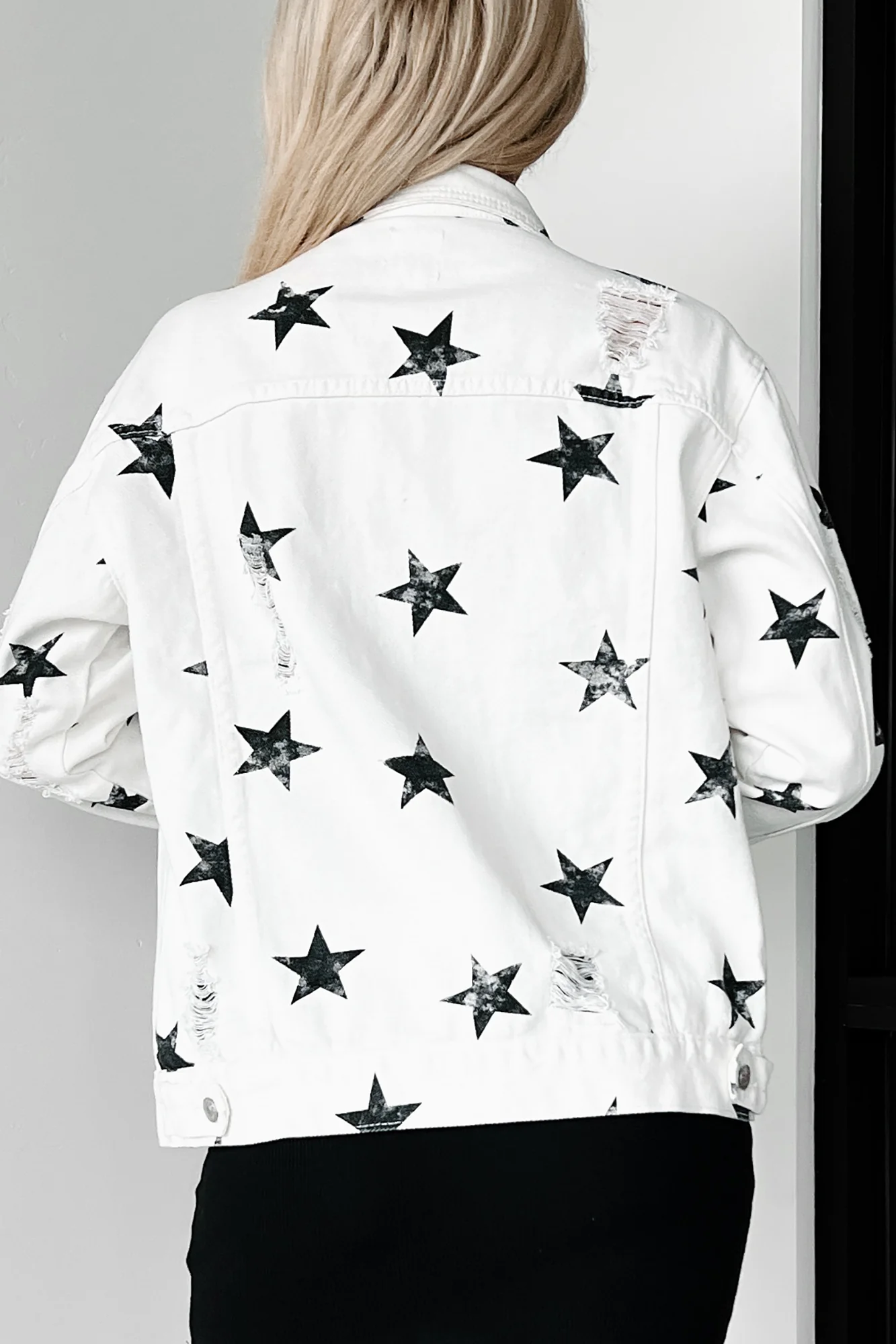 Reach For The Stars Distressed Denim Star Print Jacket (Off White) - Image 5
