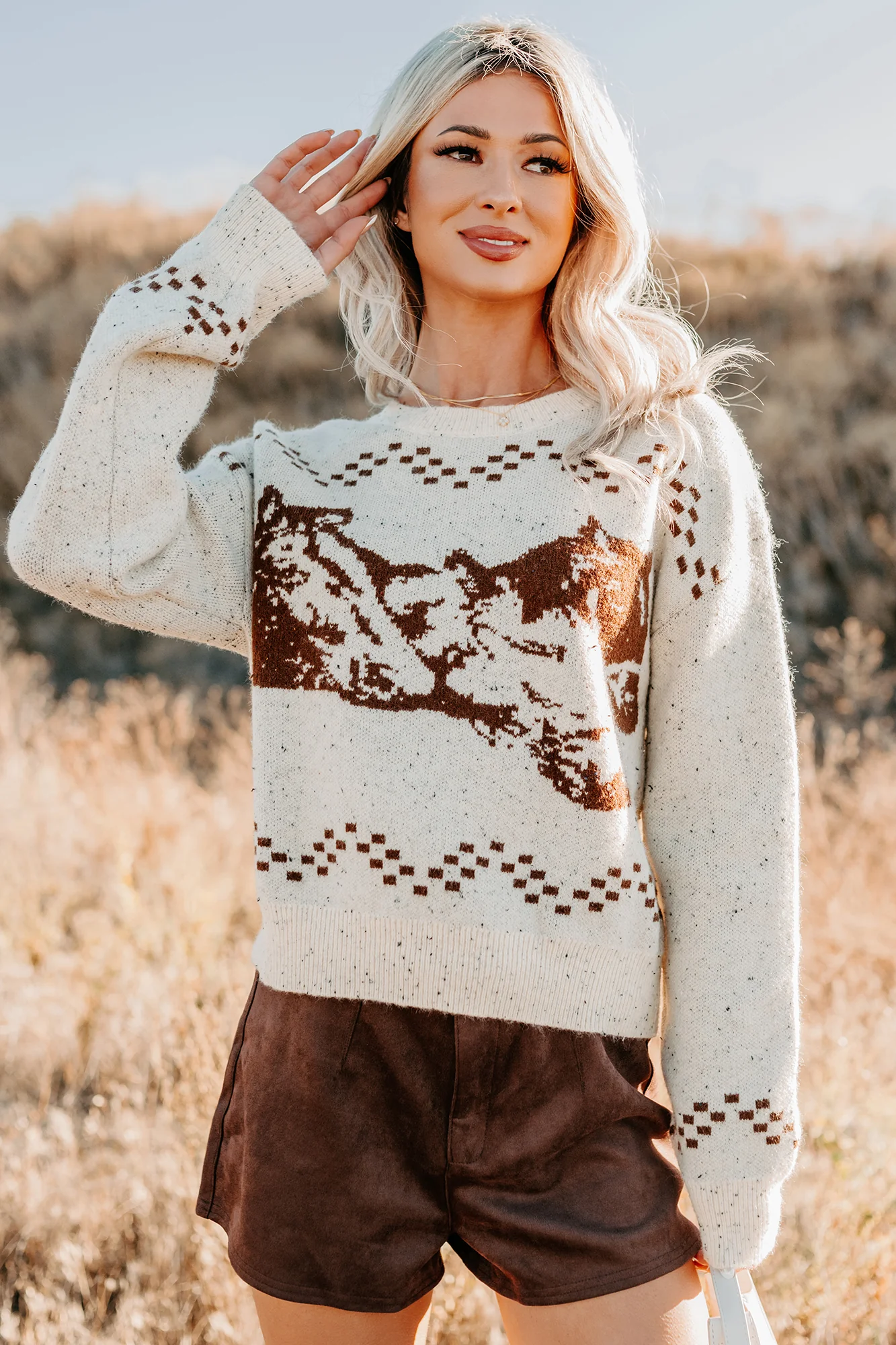Rodeo Radiance Horse Pattern Knit Sweater (Oatmeal) - Image 10