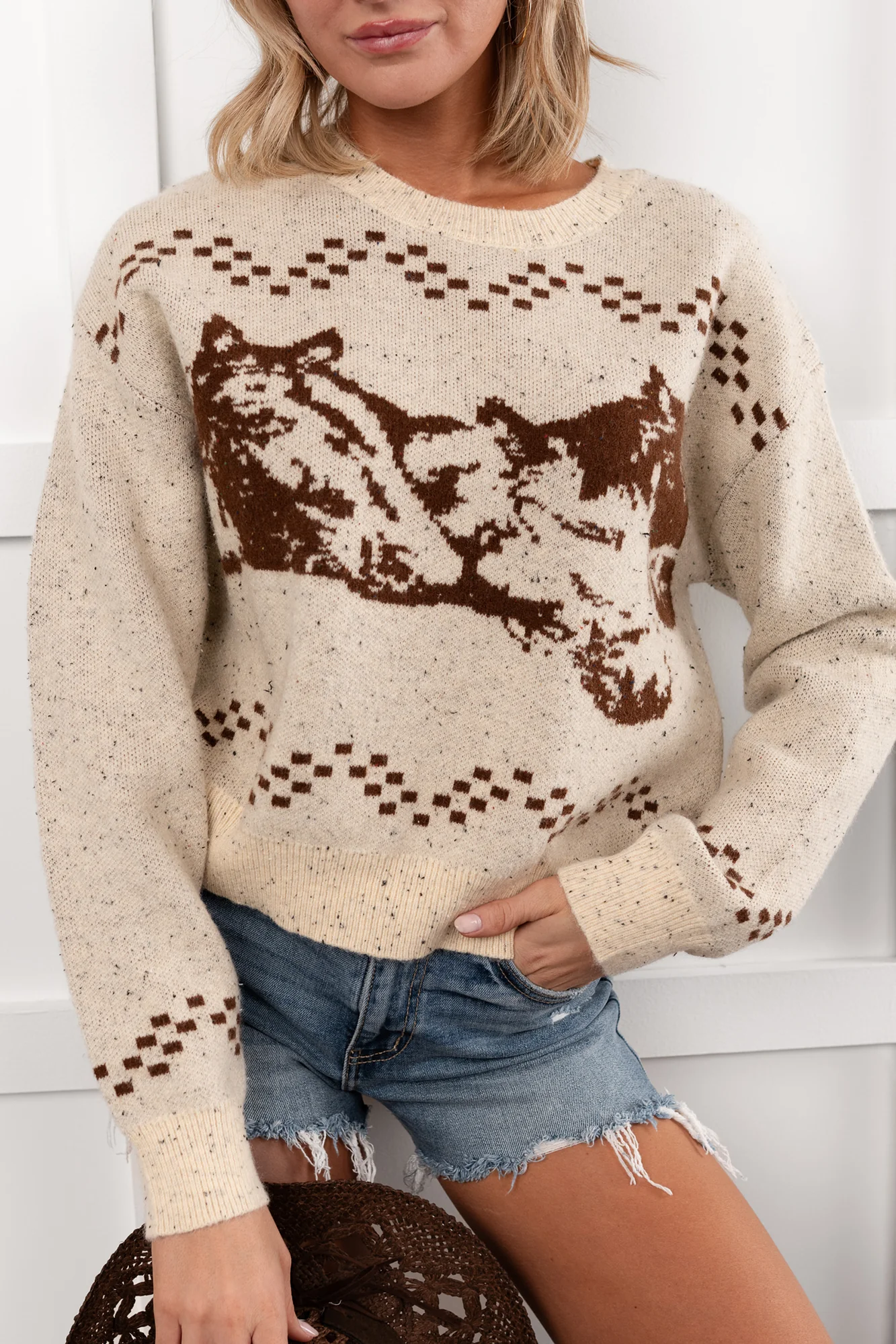 Rodeo Radiance Horse Pattern Knit Sweater (Oatmeal) - Image 9