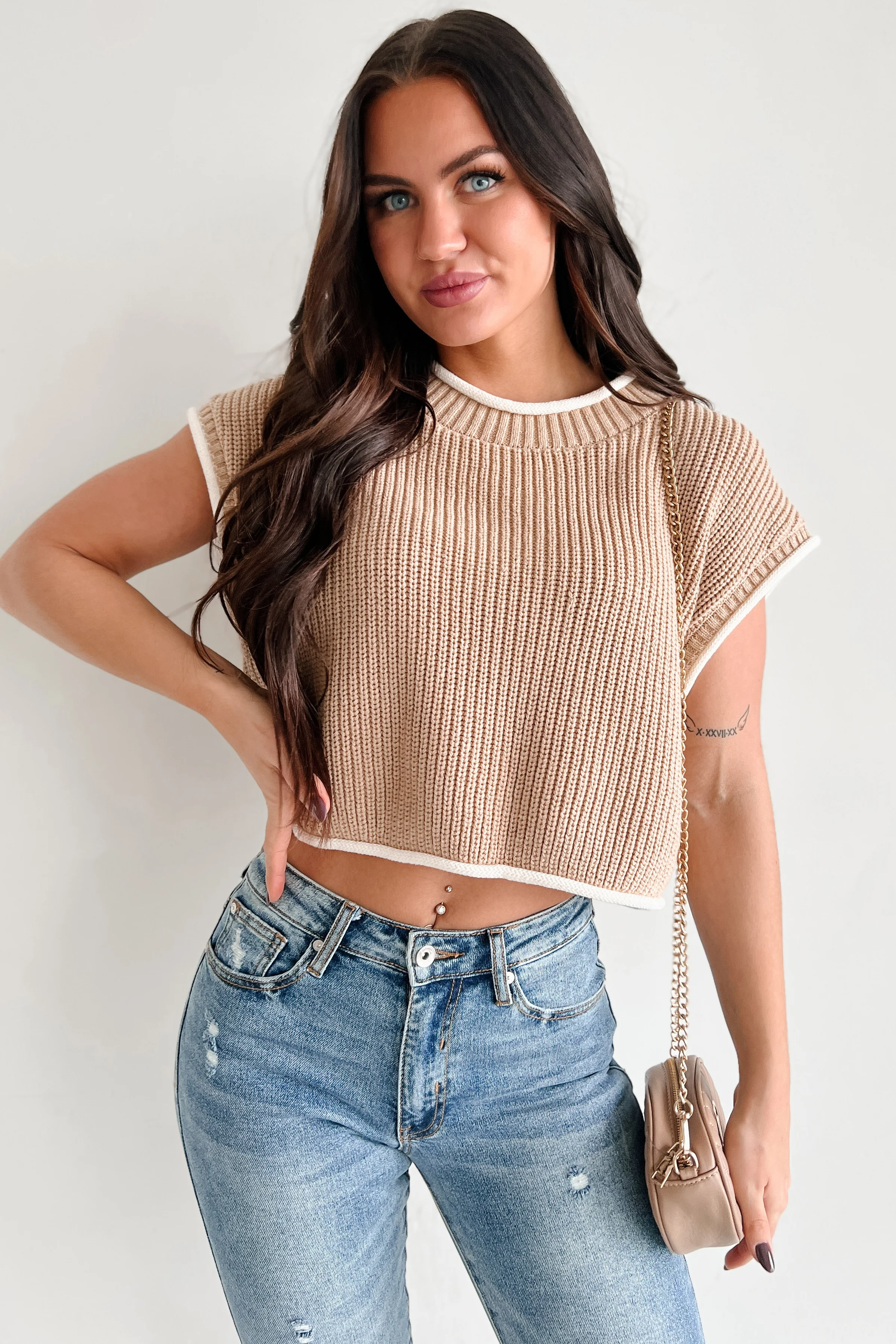 Savoring The Present Contrast Trim Crop Sweater (Tan) - Image 3