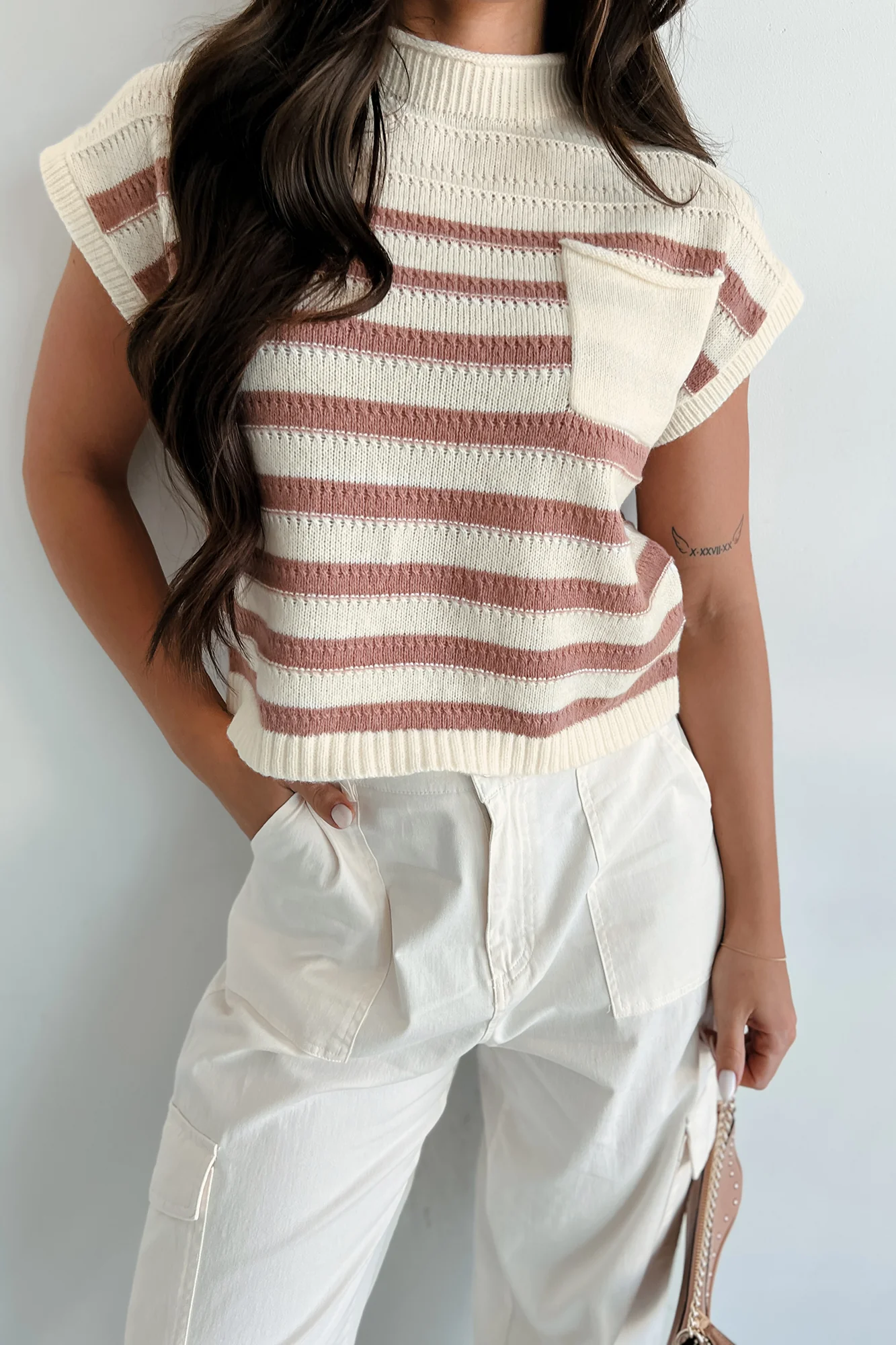 Showing Leadership Striped Sweater Top (Ivory/Mocha) - Image 3