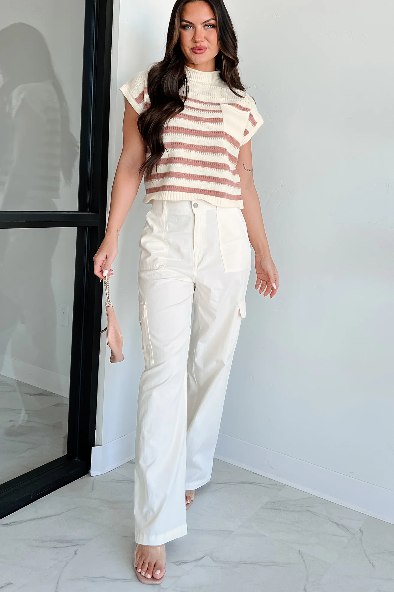 Showing Leadership Striped Sweater Top (Ivory/Mocha) - Image 5