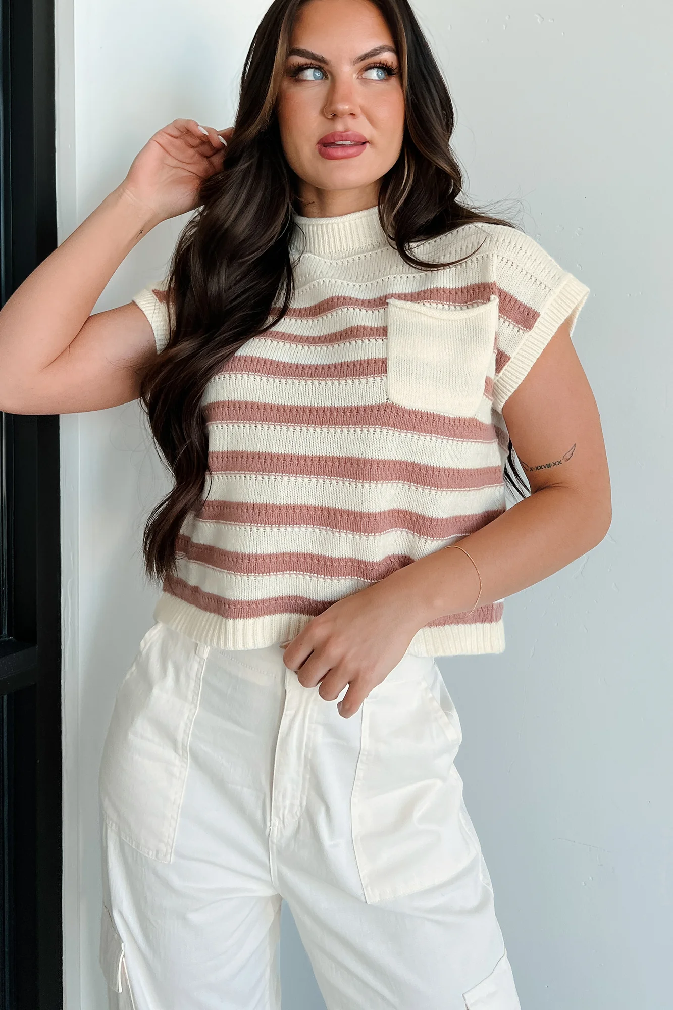 Showing Leadership Striped Sweater Top (Ivory/Mocha) - Image 6