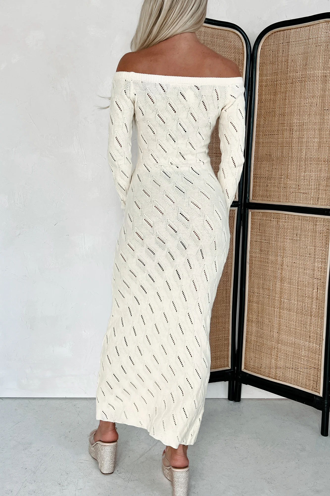 Successfully Stylish Off The Shoulder Sweater Maxi Dress (Cream) - Image 3