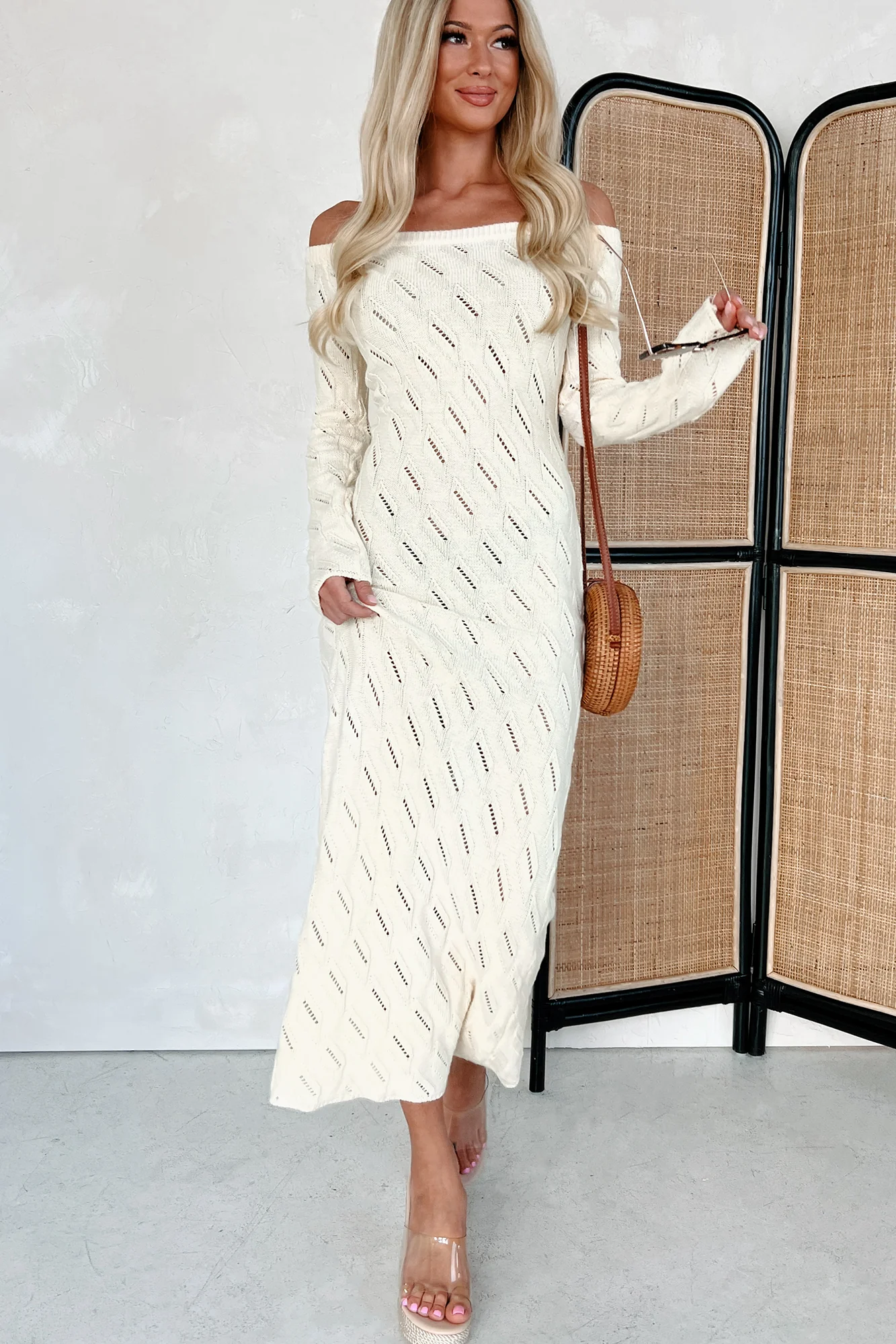Successfully Stylish Off The Shoulder Sweater Maxi Dress (Cream) - Image 6