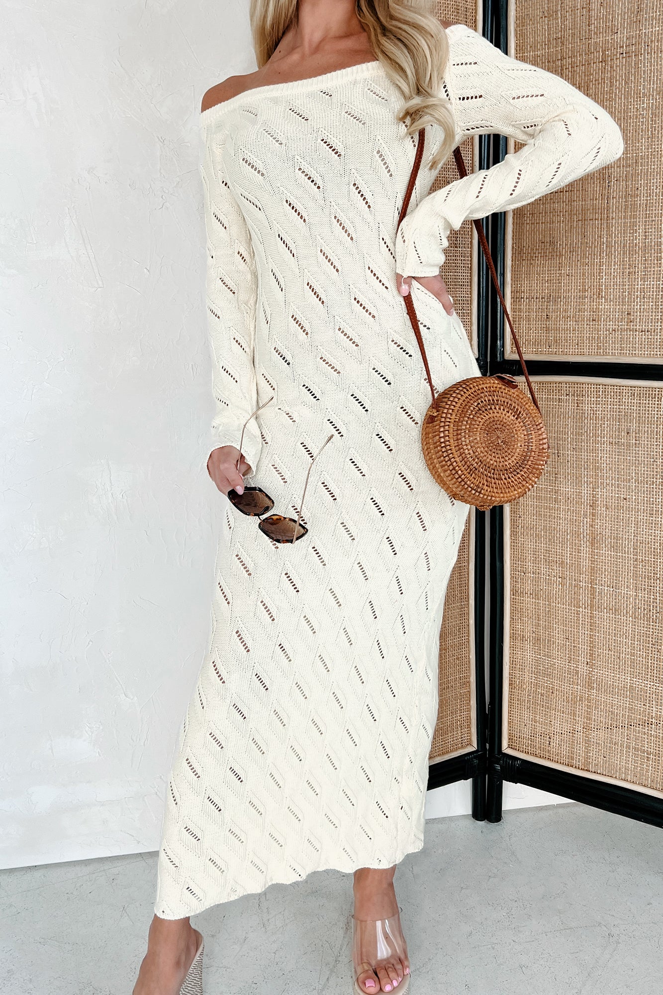 Successfully Stylish Off The Shoulder Sweater Maxi Dress (Cream) - Image 7