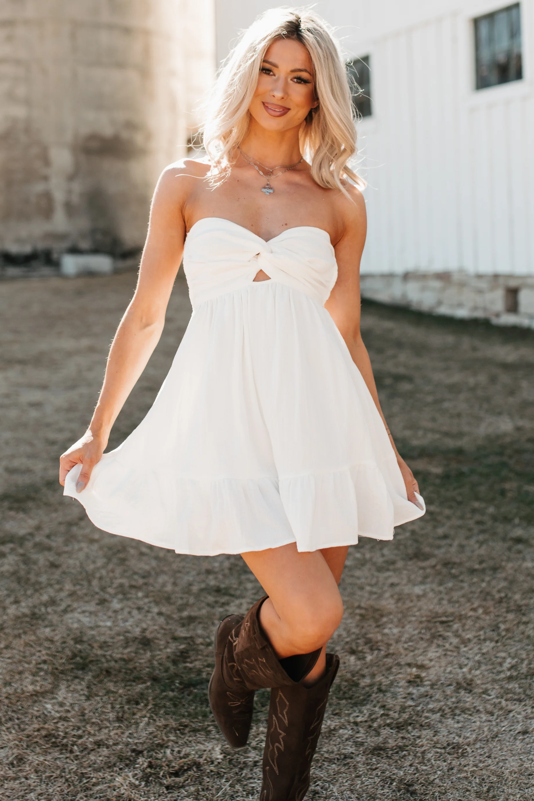 Sunshine Hour Twist Front Strapless Mini Dress (White) - Image 4