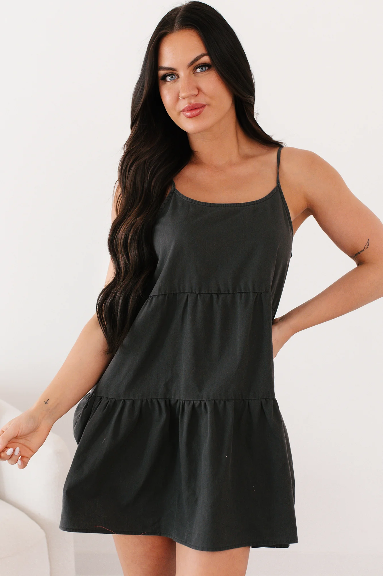 Tempting Eyes Sleeveless Tiered Mini Dress (Black) - Image 8