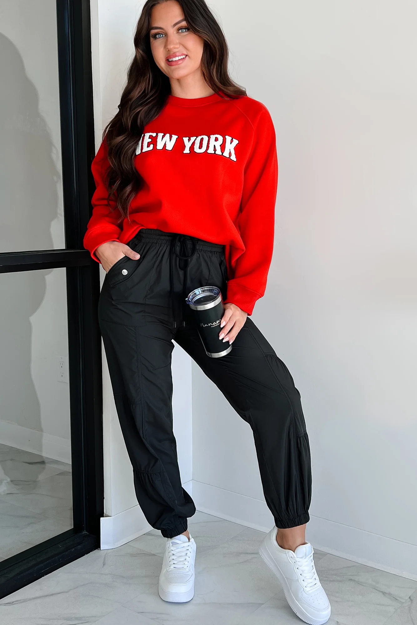 The City That Never Sleeps "New York" Raglan Sweatshirt (Red) - Image 5