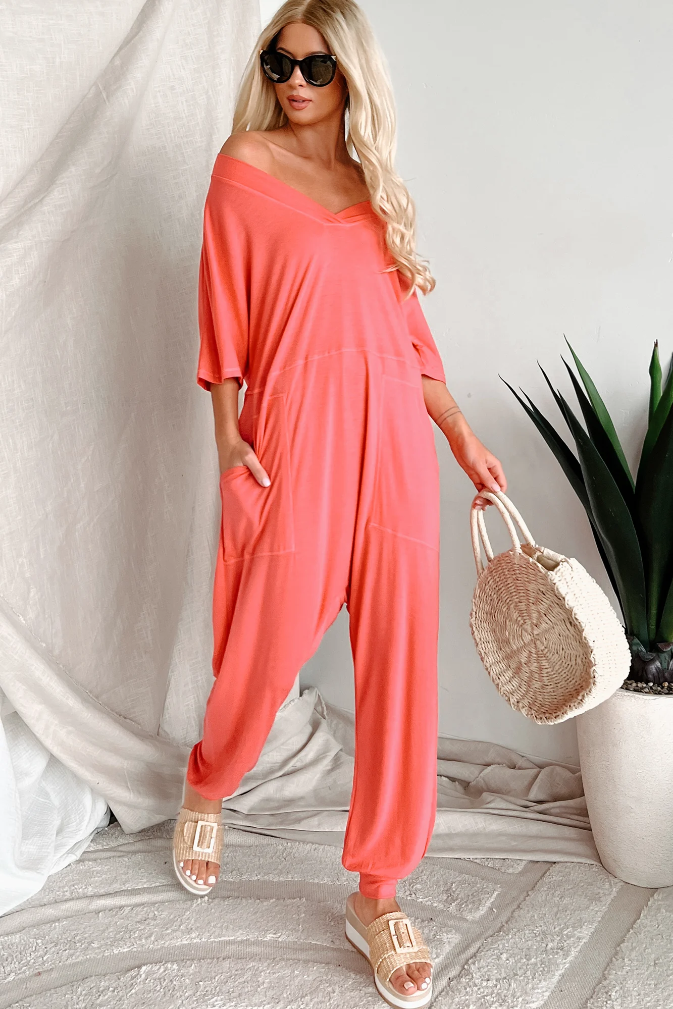 Tired Eyes Short Sleeve Slouchy Jumpsuit (Coral) - Image 3