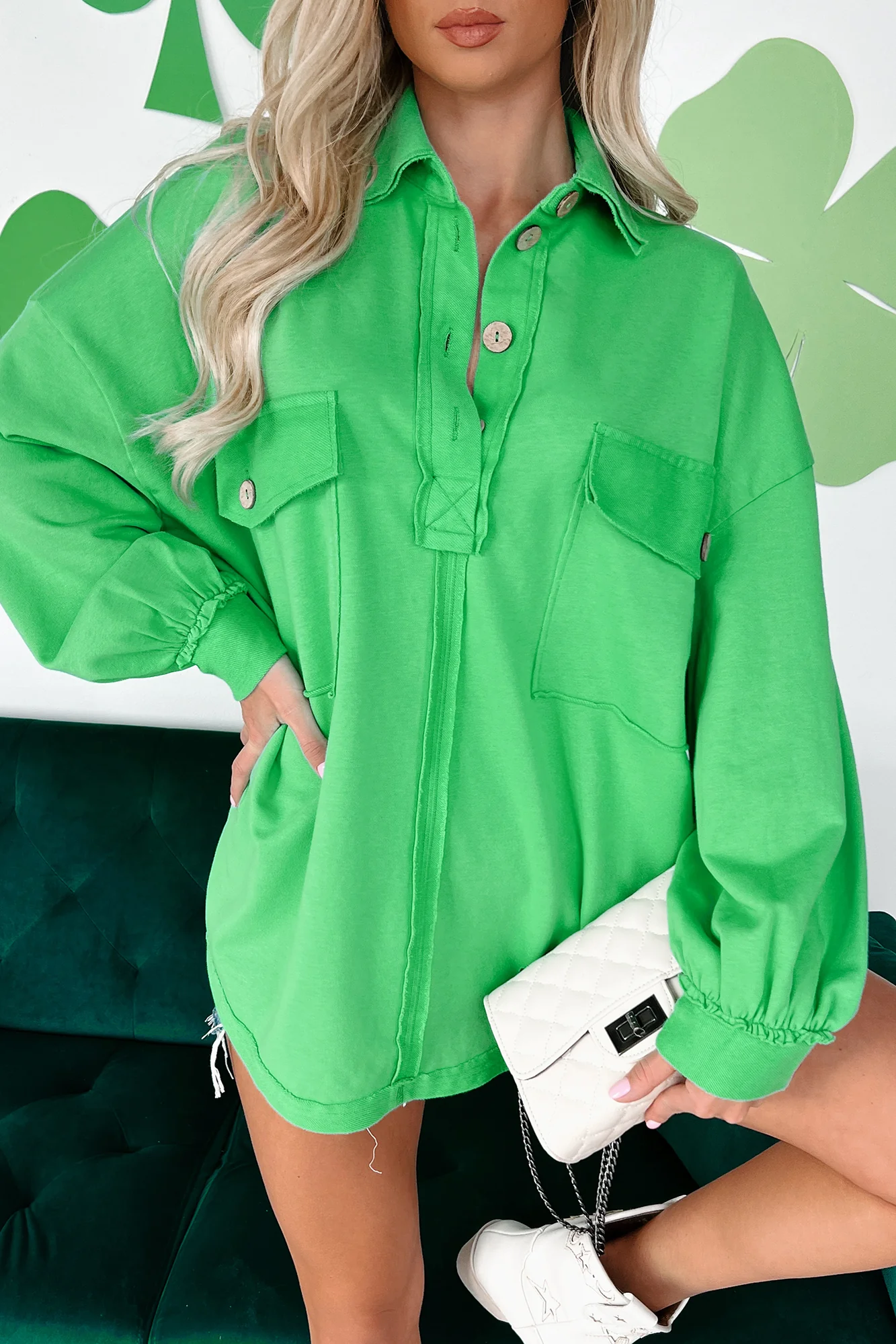 Triona Oversized Long Sleeve Collared Shirt (Apple Green) - Image 9
