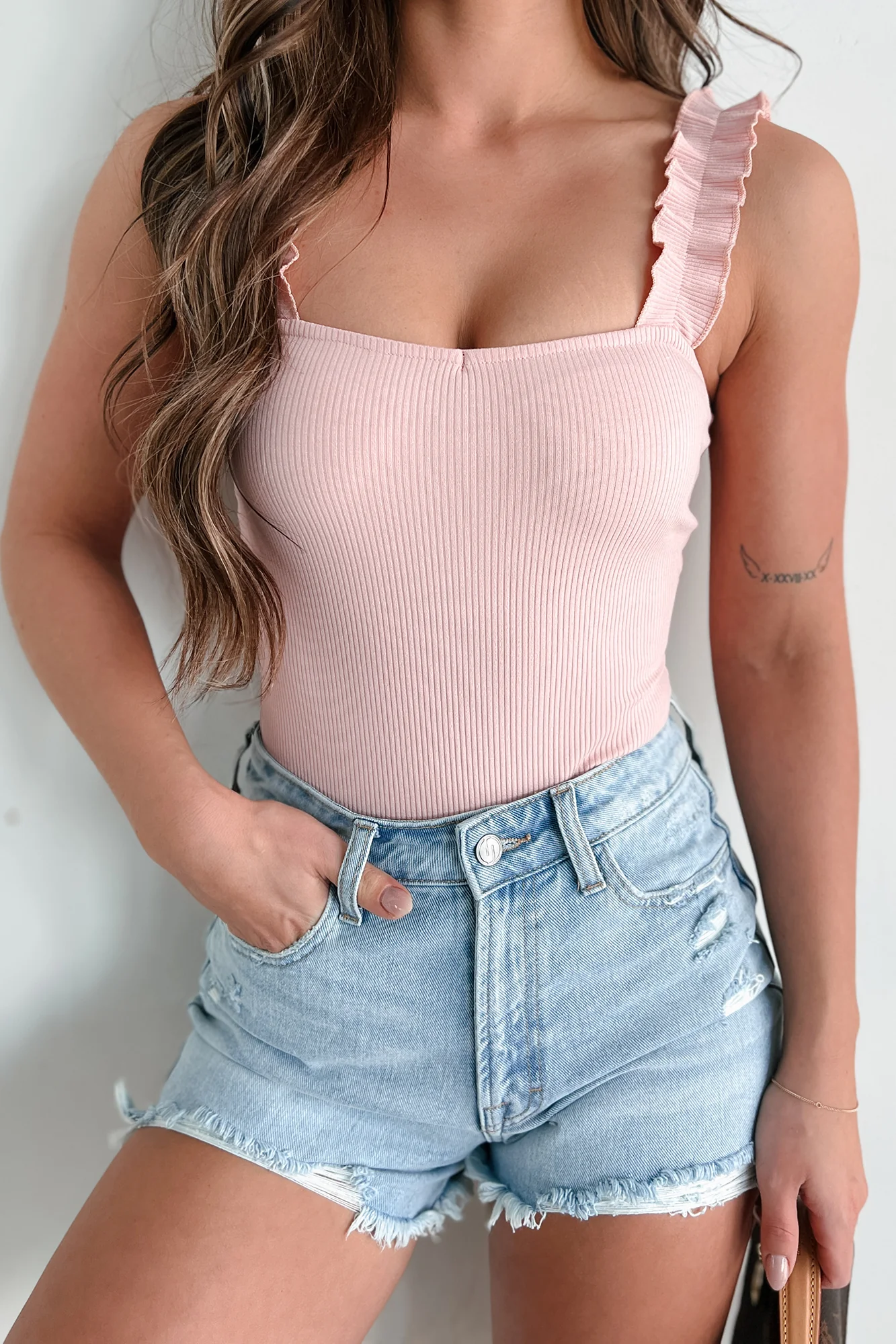 Trusting My Intuition Ribbed Ruffle Strap Bodysuit (Light Pink) - Image 3