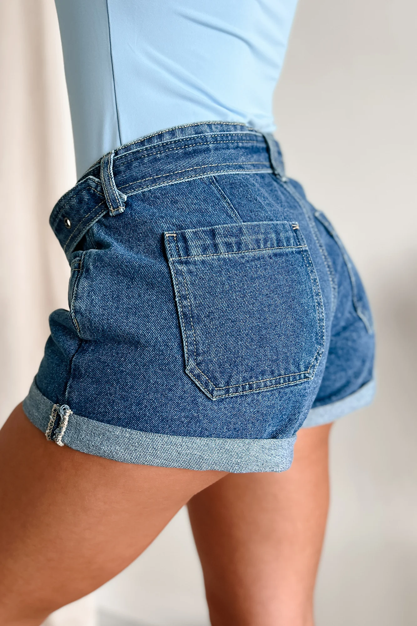 Valerie Low Rise Cuff Hem Cello Denim Shorts (Medium Denim) - Image 3