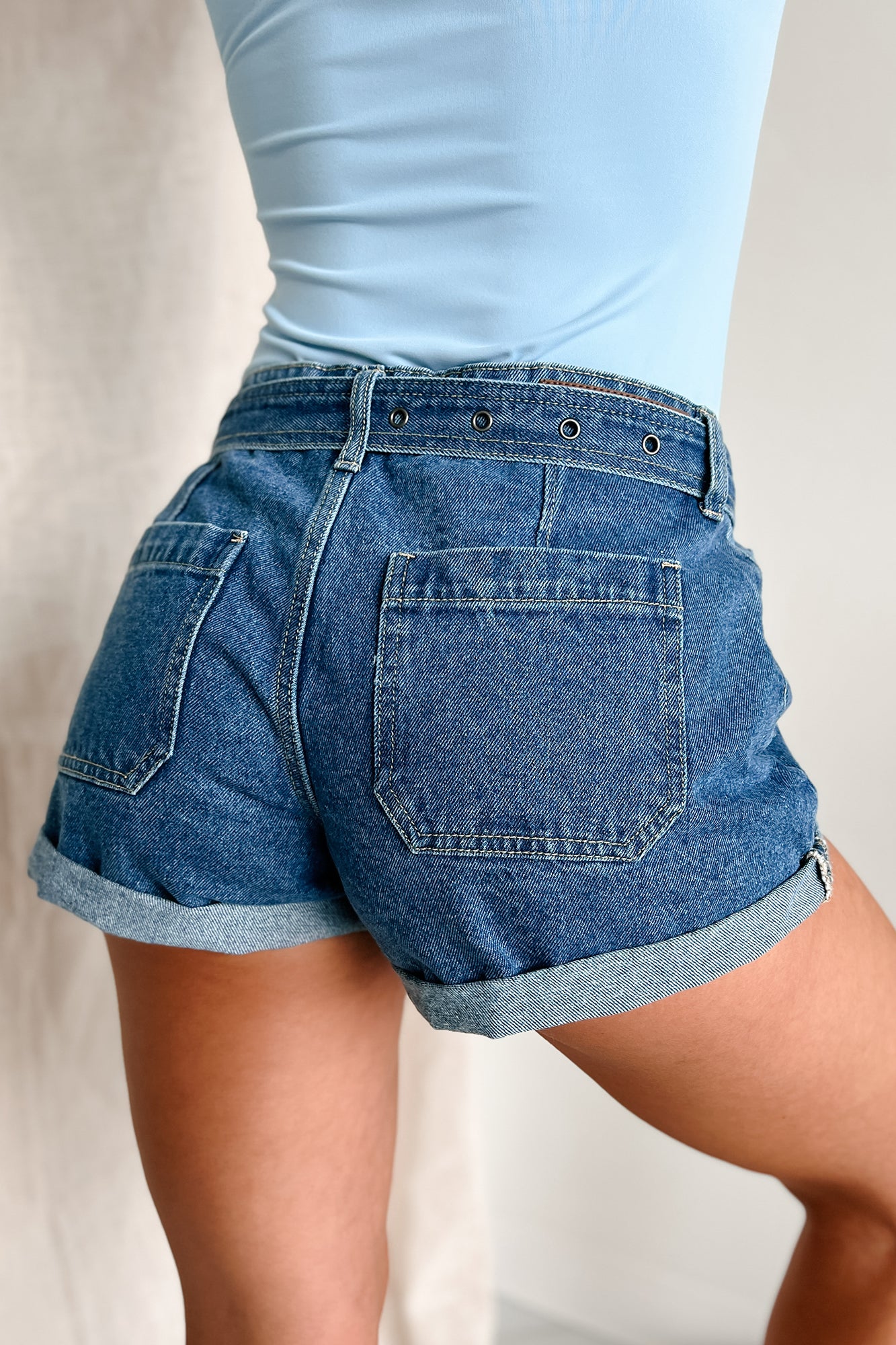 Valerie Low Rise Cuff Hem Cello Denim Shorts (Medium Denim) - Image 4