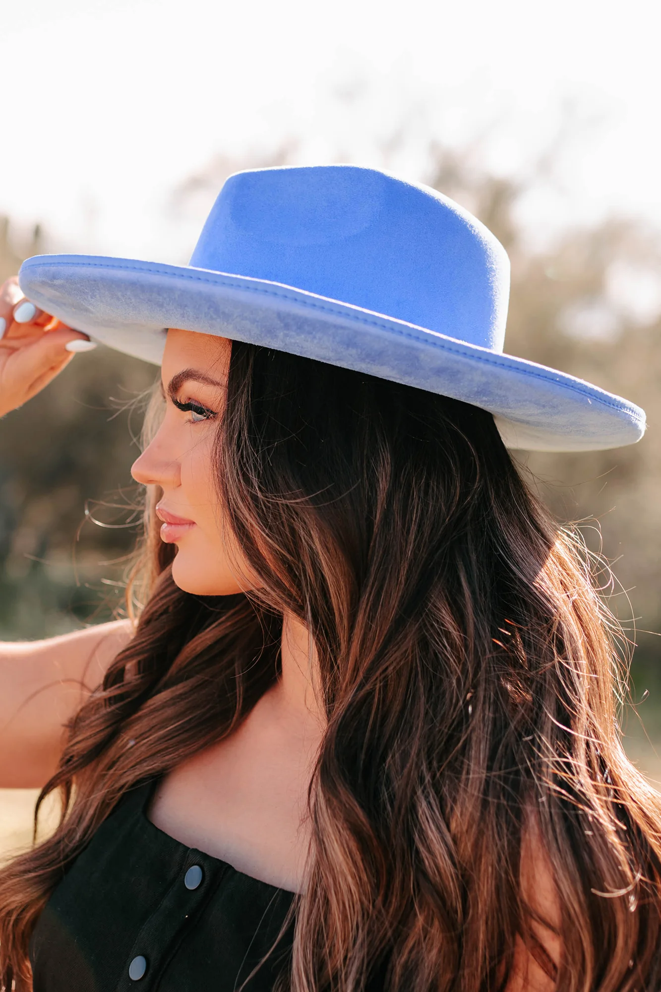 Where Beauty Reigns Rhinestone Butterfly Pencil Brim Hat (Blue) - Image 5