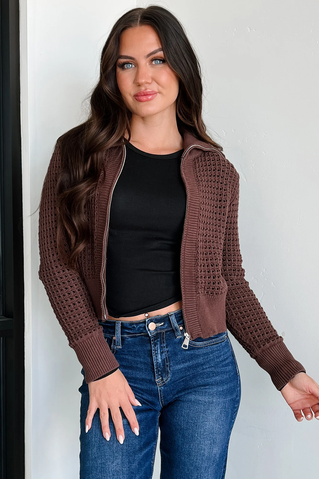 Whispered Words Zip-Up Sweater Jacket (Chocolate) - Image 5