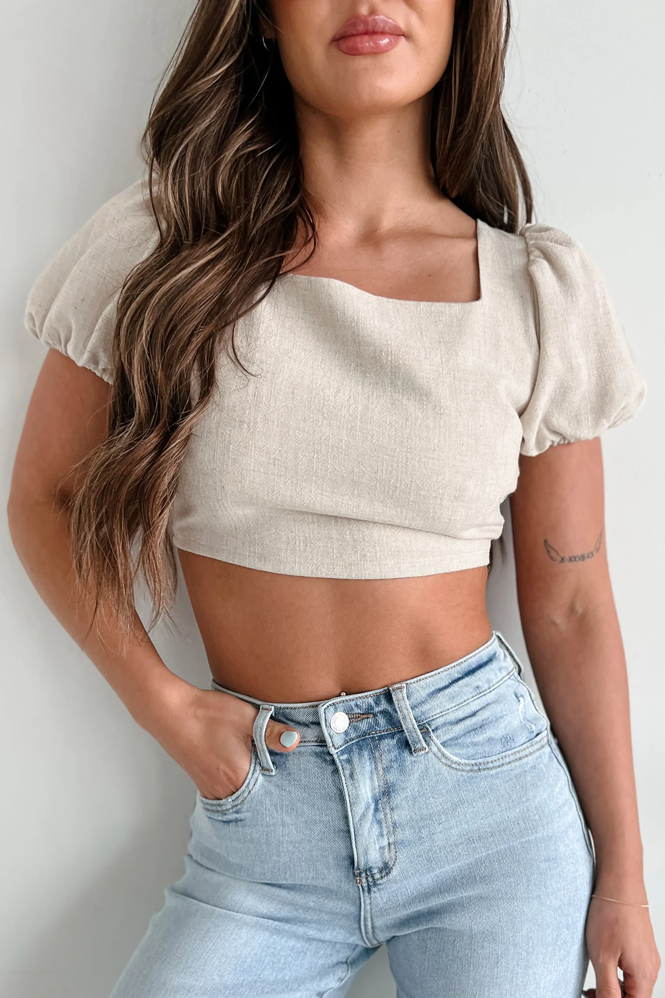 Willa Linen Crop Top With Keyhole Back (Oat) - Image 4