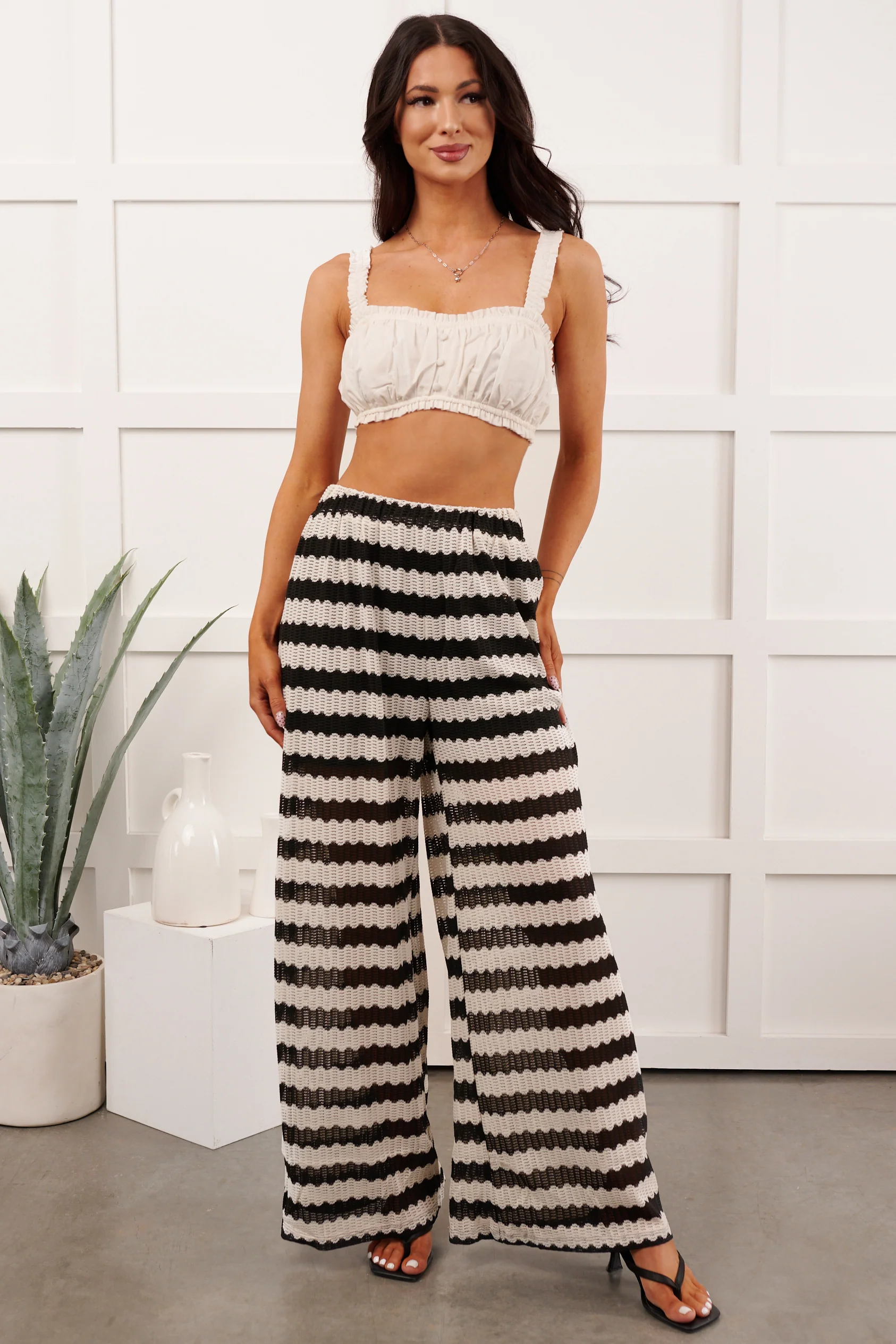 Breezy Not Busy Wide Leg Crochet Pants (Ivory/Black) - Image 9